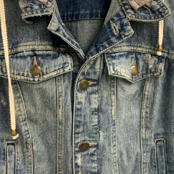 Free People Distressed Jean Jacket with Contrasting Sleeves & (Detachable) Hood - Picture 7 of 11